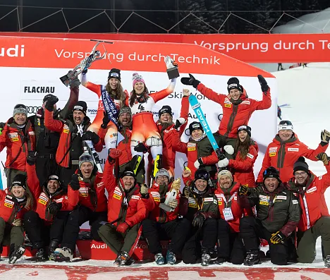 Eine Gruppe von Skiathleten und Trainern feiert auf einem Siegerpodest im Schnee. Sie halten Skier und Fahnen hoch, alle tragen Skibekleidung und Helm.